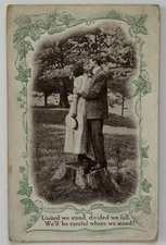 1910s Romantic Couple Kissing on Stump Ivy Border Vintage Postcard Bamforth