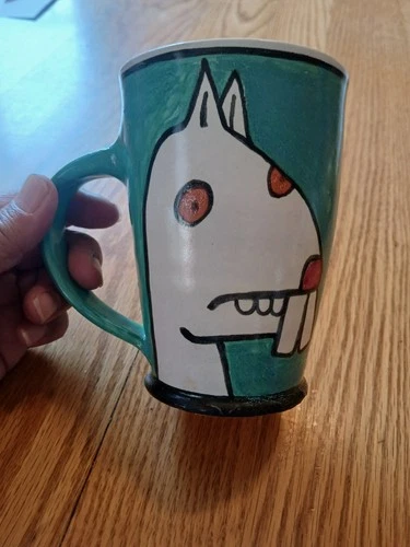 Handmade Vintage Studio Art Pottery Mug Fish/ Abstract Signed