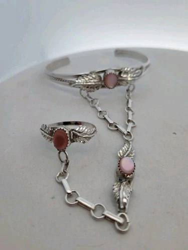 Vintage Sterling Silver Navajo Pink Mother of Pearl Slave Ring & Cuff Bracelet
