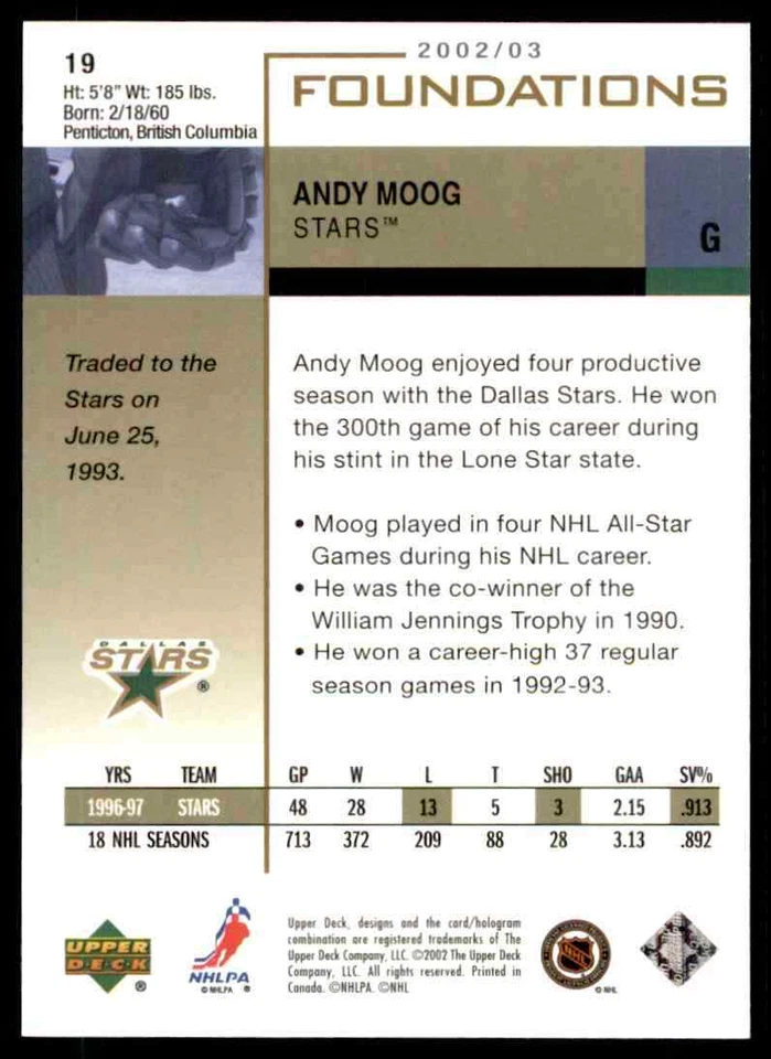 2002-03 UPPER DECK FOUNDATIONS ANDY MOOG DALLAS STARS #19 - Image 2 of 2