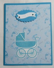 Stampin up Handmade card Sweet Baby Boy Bright Blue Feet Carriage Buggy