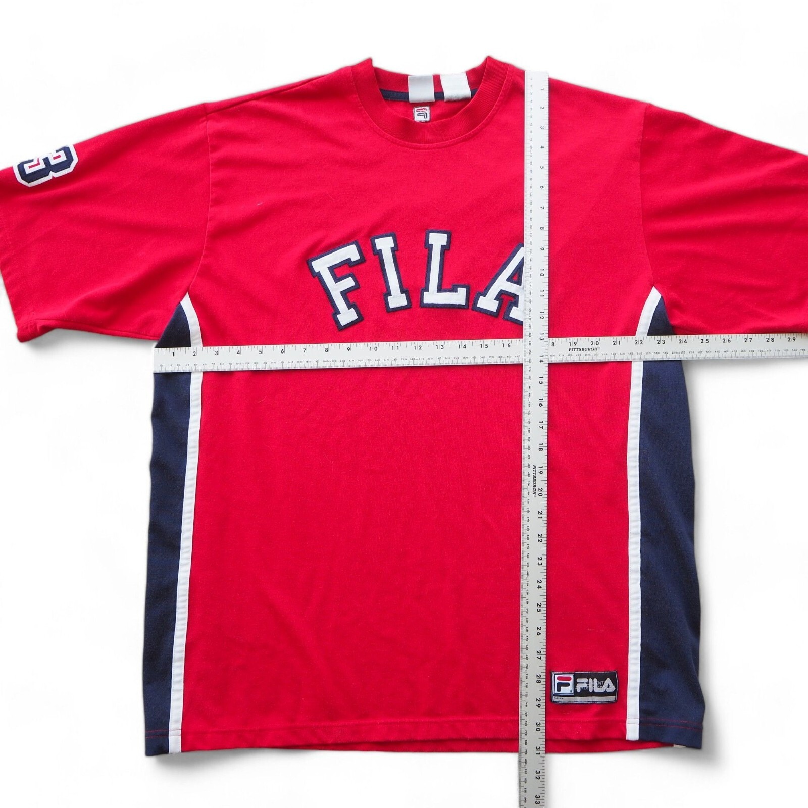 T shirt a maniche corte Fila Vintage anni '90 Y2K colorblock rosso navy bianco uomo L