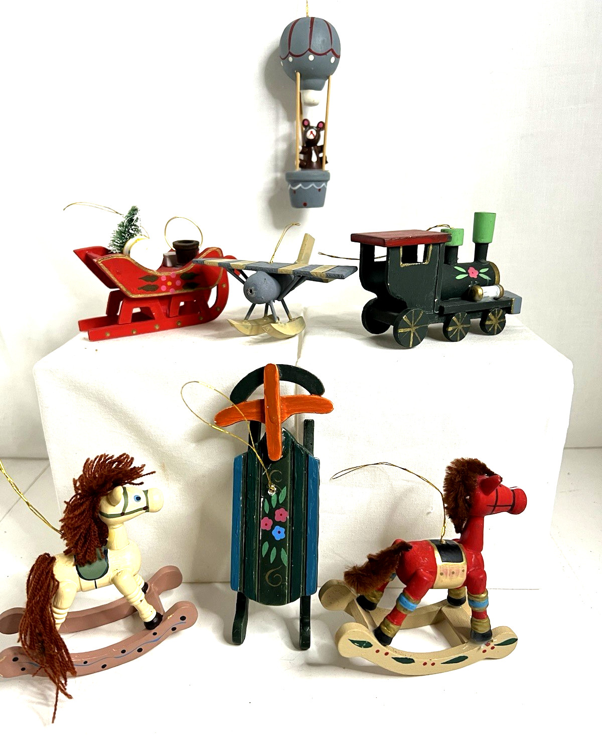7 Vintage Russ Berrie & Co. Wood Christmas Ornaments Sled, Balloon, Horse, Train
