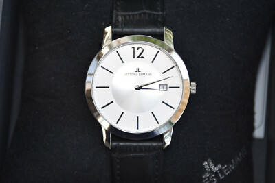 JACQUES LEMANS 40-1B ~ Uhr mit schwarzem Amband + weiß-silbernem Ziffernblatt