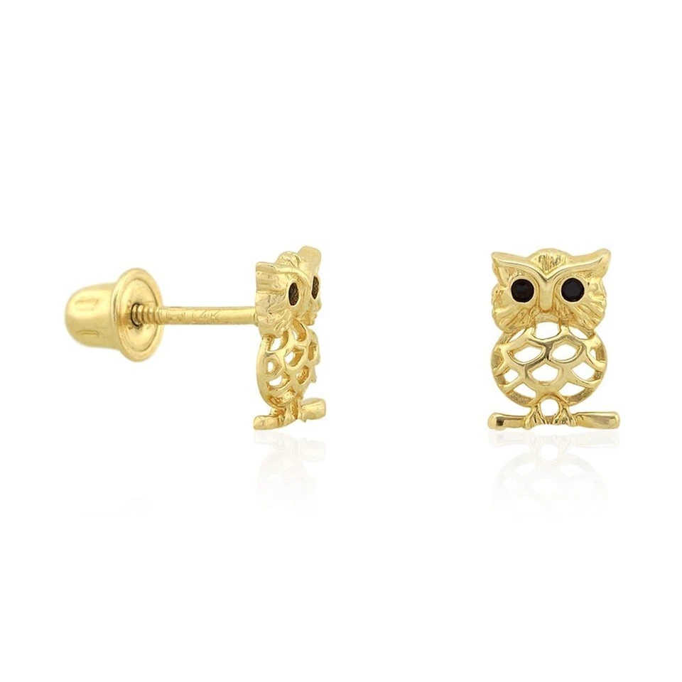 Kids 14K Yellow Gold White Simulated Onyx Ruby Owl Screw Back Stud Earrings - Image 3 of 4