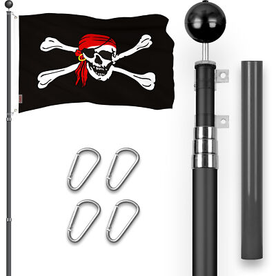 16Ft Telescoping Flagpole BLK & Pirate Jolly Roger Red Head Scarf Flag 3x5Ft Emb
