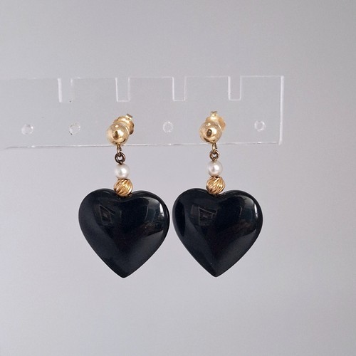 14k Gold Black Onyx Earrings Heart Dangle Vintage Post 1 5/8" Faux Pearl - Picture 5 of 11