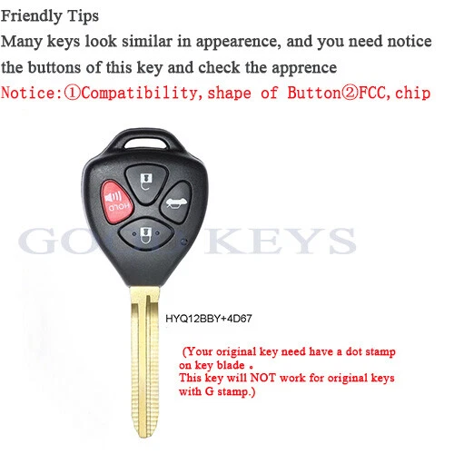 2*Remote Head Car Key Fob for Toyota Camry 2006 2007 2008-2011 HYQ12BBY-4D67 Dot - Image 2 of 4