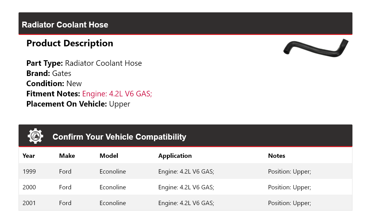 For 1999-2001 Ford Econoline 4.2L V6 GAS Radiator Coolant Hose Upper ...