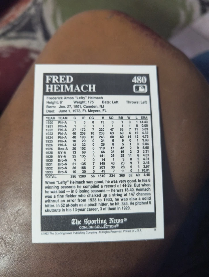 FRED HEIMACH 1992 CONLON COLLECTION THE SPORTING NEWS #480 - Image 2 of 2