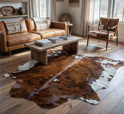 Real Cowhide Rug Brindle Tricolor White Belly - Size 6x7-8 