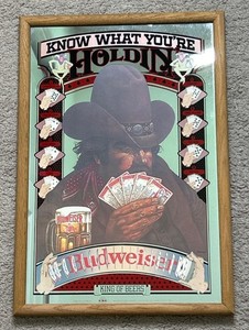 Budweiser Vintage Mirror Sign "Know What You’re Holdin" Poker Theme Wood Frame