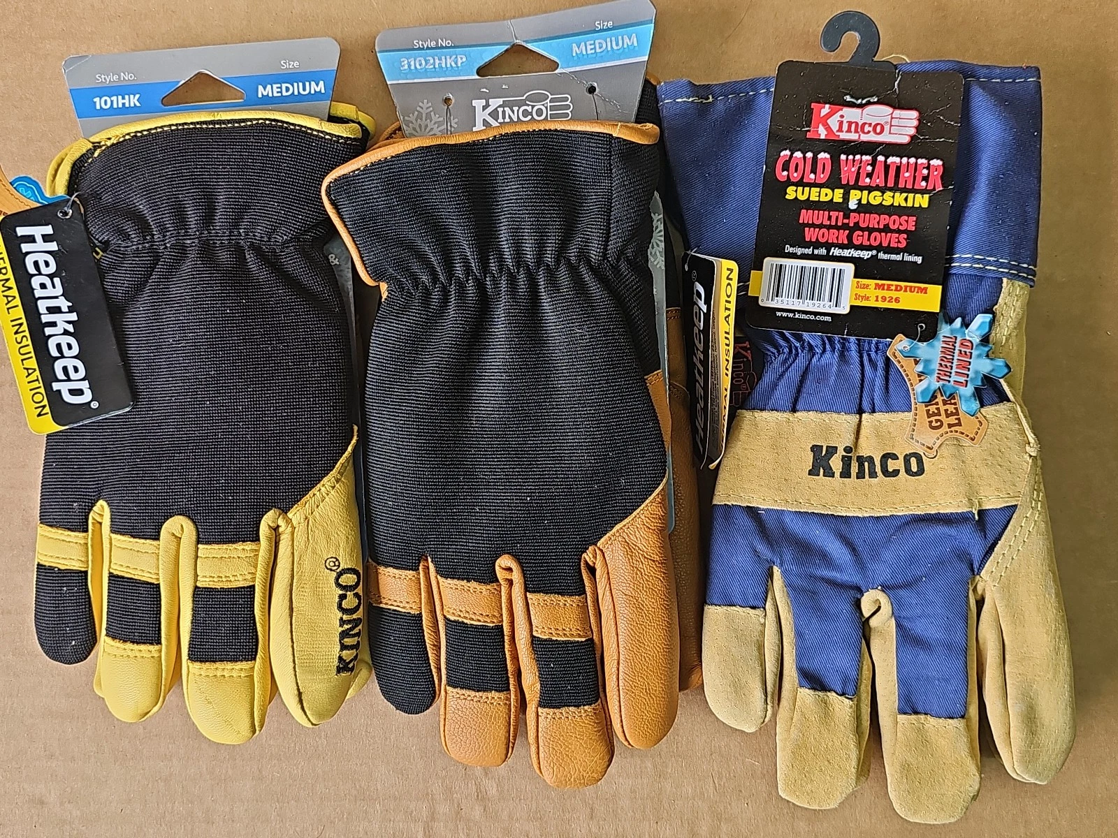 3 Pair Mixed Kinco Insulated Thermal Work Gloves, Medium, 101HK, 3102HKP, 1926