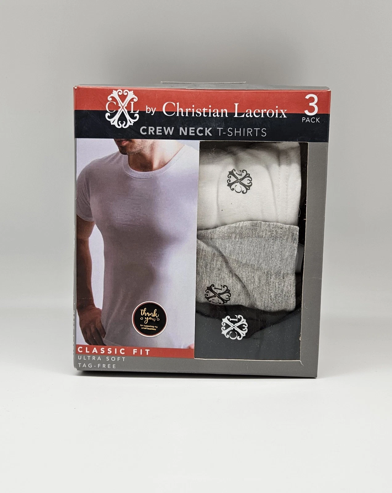 LACROIX 3 Pack Crew Neck Cotton Classic T Shirts White Gray Black Men's Medium