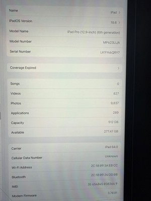 Apple iPad Pro 12.9-inch (6th generation) A2437 512 GB, Wi-Fi + 5G Apple iPad Pro 12.9-inch (6th generation) A2437 512 GB, Wi-Fi + 5G