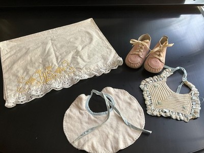 4 Vtg Baby accessories Bibs Shoes Pillowcase