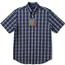Roundtree & Yorke TravelSmart Men's Blue Plaid Short Sleeve Shirt Size M NEW