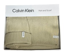 Calvin Klein Men 2 Piece Scarf, Beanie Hat Set in Box Beige Cream MSRP: 98.00