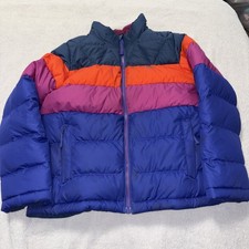 LL Bean Kids Down Puffer Jacket M 10-12 Blue Orange Purple Striped NO HOOD