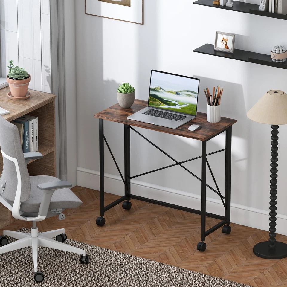 HOMCOM Folding Desk on Wheels, Writing Table for Home Office, Brown - Image 2 of 4