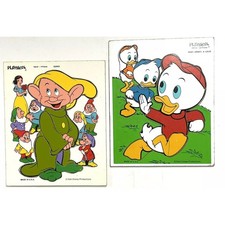 2 Vintage Wooden Walt Disney DOPEY Puzzle SNOW WHITE Huey Dewey Louie Playskool