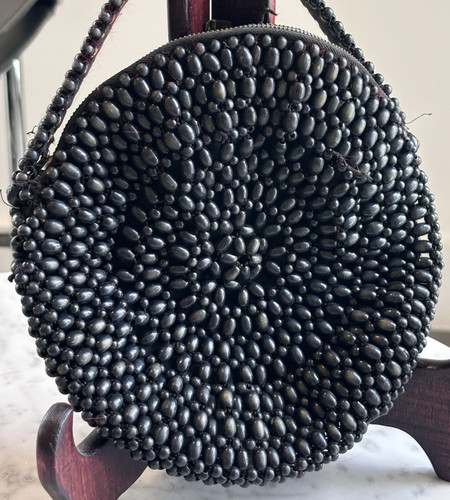 Vintage Pimkie 8" Circular Beaded Handle Zipper Bag, Rare Fashion Gifts for Her