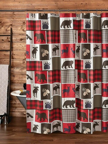 WILDLIFE LODGE LIFE 72" SHOWER CURTAIN HOOKS BLACK BEAR MOOSE RED BUFFALO CHECK - Bild 1 von 2