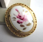 Vintage handpainted milk glass filigree design oval pin