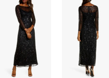 PISARRO NIGHTS Black Illusion Sequin Embellished 3/4 Sleeve A-Line Gown 2 XS/S