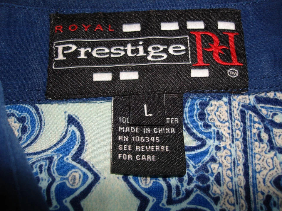 Vintage Prestige PD Bowler Blue Geo Design 100% Poly S/S Button Up Shirt Sz. L - Image 3 of 4