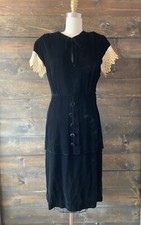 Vintage 40  s black velvet dress art deco evening eyelet lace trim