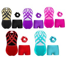 Kids Girls Bodysuit With Shorts Headwear Outfit Dancewear Figure Skating