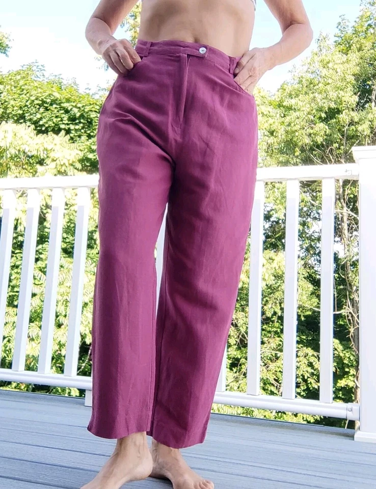 Dress Barn Pink Bordeaux Pants High Waist Sz 12 75%Silk 25% Linen Pockets Comfy  - Image 2 of 4