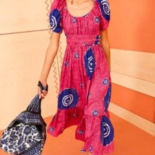 Ulla Johnson Women's Isla Midi Dress Puff Sleeve Tiered Ruffle Hem Pink Blue 8