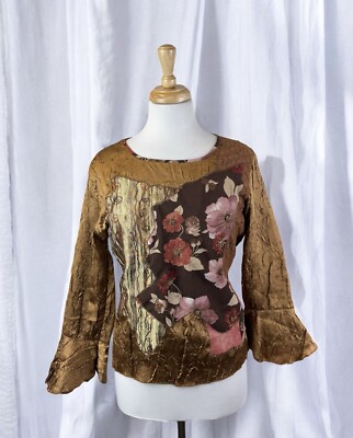 Brown Textured Beaded Flower Blouse 90s Fairy Boho Whimsy Romantic Size Large