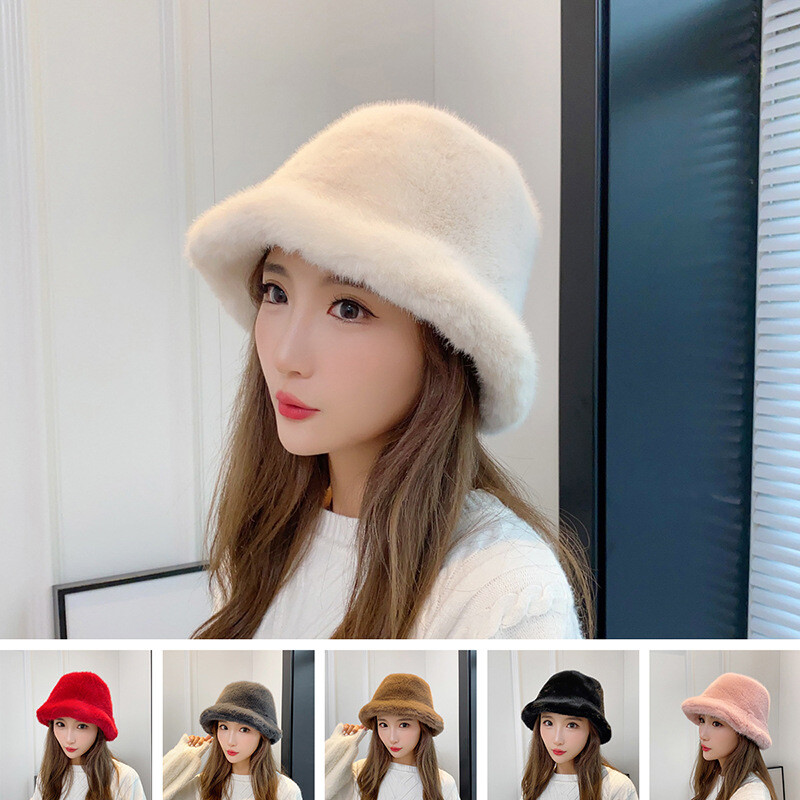 Women Bucket Hat Faux Fur Cute Warm Winter Soft Matte Sweatshirt