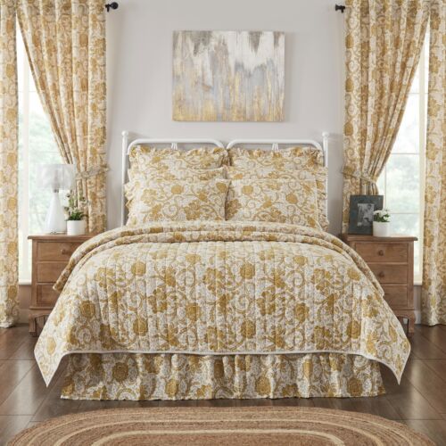 Dorset Gold Floral Queen Quilt Coverlet 90x90 Country Cottage - Picture 1 of 5