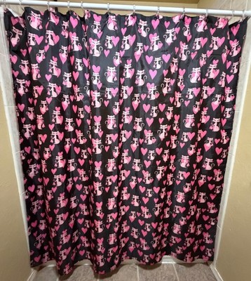 Unbranded Pink & Black Cats/Hearts Pattern Shower Curtain 100% Polyester 70x70.5