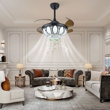 K9 Crystal LED Ceiling Fan Light, Retractable 3-color Ceiling Fan Light W/Remote