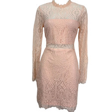 Lulus Appetite For Seduction Illusion Blush Pink Long Sleeve Lace Mini Dress XS
