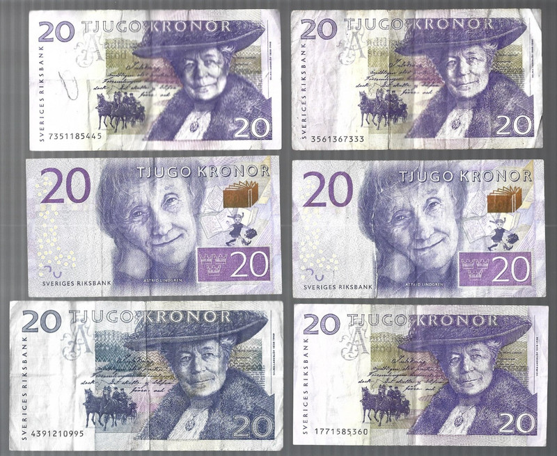 Sweden 💥20 Kronor x 6 notes 💥lot#6357