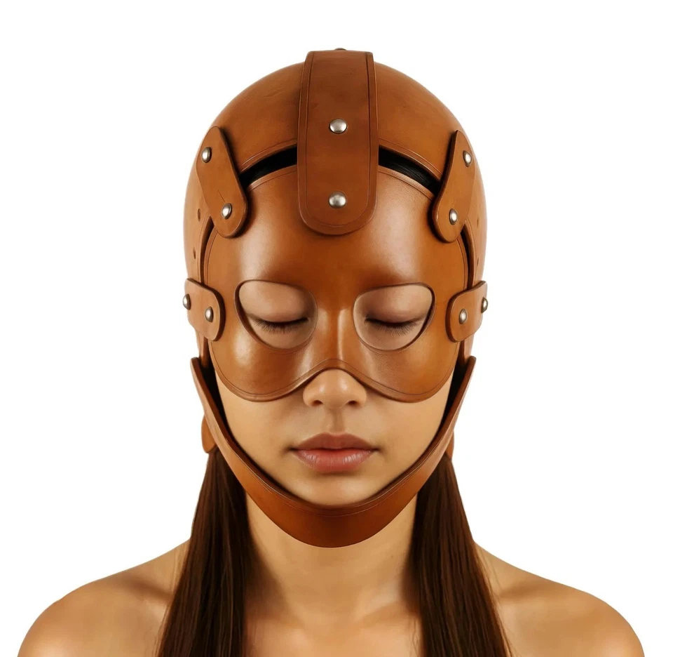 Handmade Brown Leather Full Head Mask – Steampunk Gothic Cosplay Helmet - Image 2 of 3