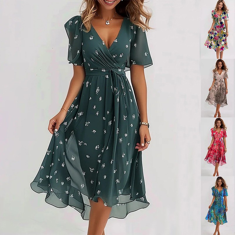 Chiffon Printed Short Sleeve Dress Summer Elegant V-neck Dresses Womens Clothing | eBay Chiffon Printed Short Sleeve Dress Summer Elegant V-neck Dresses Womens Clothing | eBay