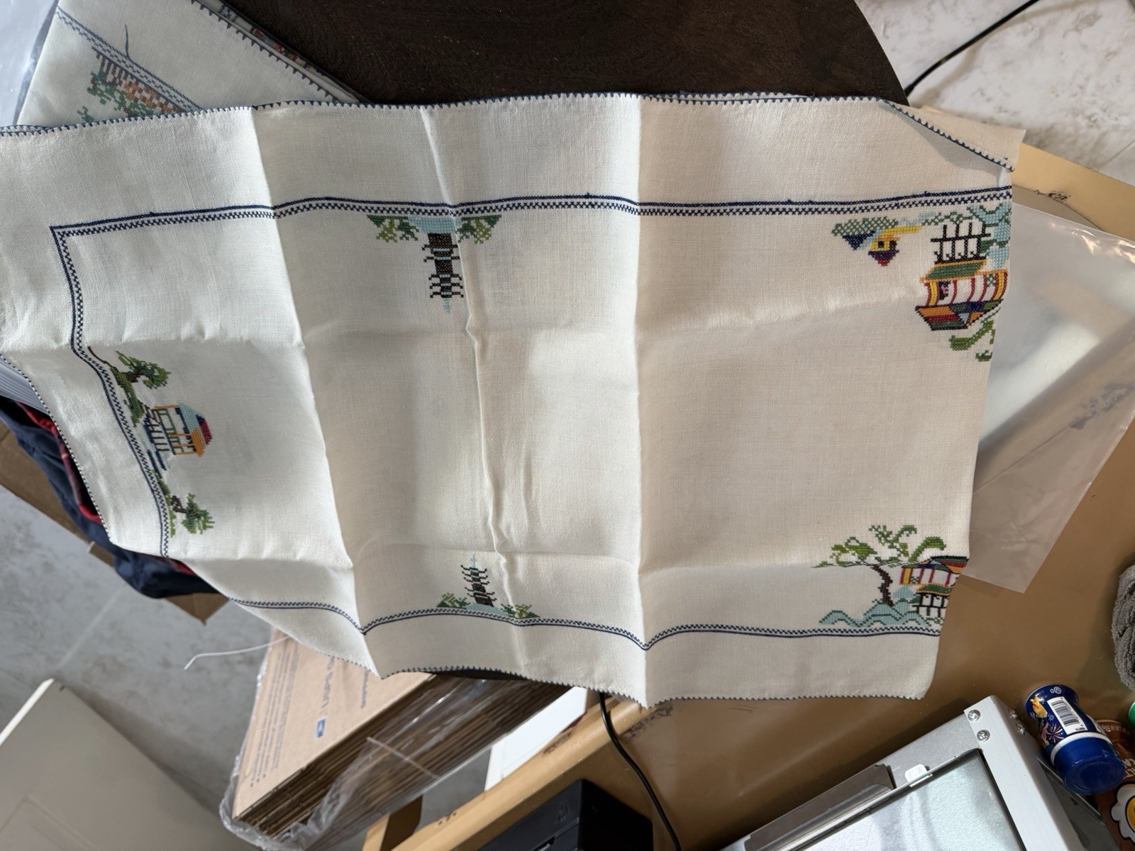 Embroidered White Linen Cross Stitch Table Runners Trio with Pagoda ...