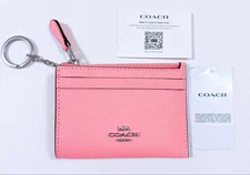 COACH cross grain leather skinny ID case coin case with key ring