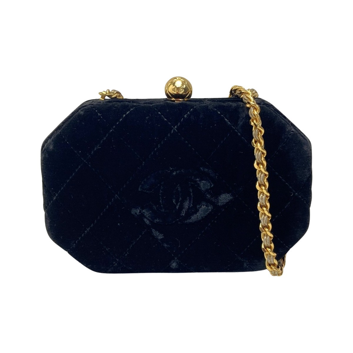 CHANEL Coco Mark Kiss Lock Chain Shoulder Bag in Black Velvet with Gold Hardware  