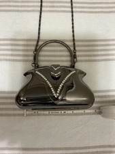 Y2K Gunmetal Hard Shell Evening Bag Rhinestone Clutch Purse Chain Strap Formal