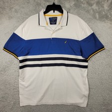 Nautica Navtech Performance Polo Shirt Mens XL White Blue Stripe Short Sleeve