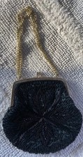 Vintage Hong Kong, hand made Black Beaded Purse Evening Bag w/gold chain strap,