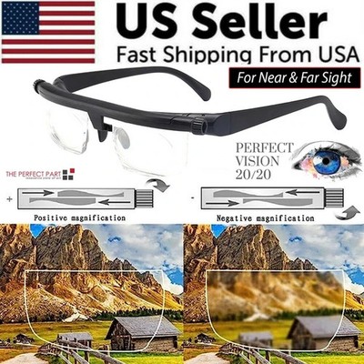 Dial Adjustable Glasses Variable Focus For Reading Distance Vision Eyeglasses US